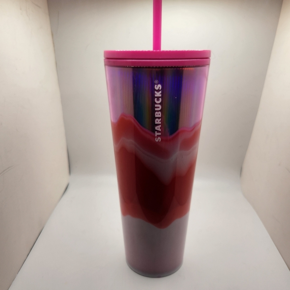 Starbucks Holiday 2021 Pink Red Wave 24oz Venti Tumbler Holographic Marble Ombre